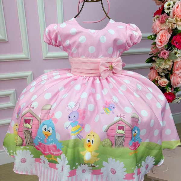 Vestido Infantil Temáticos da Gigi Galinha Pintadinha Rosa