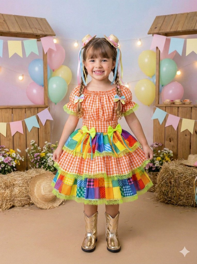 Vestido Junino Banana Club Luxo Quermesse do Sertão Laranja