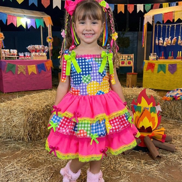 Vestido Junino Banana Club Luxo Encanto da Roça Rosa Neon