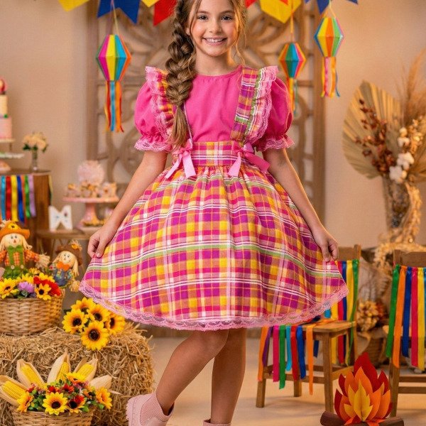 Vestido Junino Salopete Banana Club Luxo Arráia da Fofura