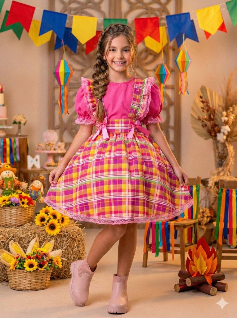 Vestido Junino Salopete Banana Club Luxo Arráia da Fofura