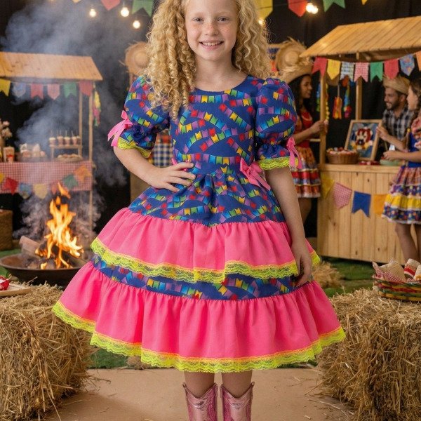 Vestido Junino Banana Club Luxo Bandeirinha do Amor