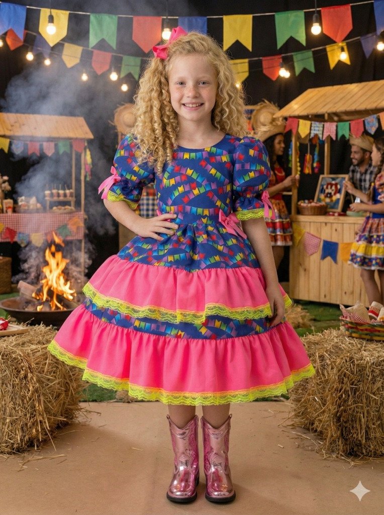 Vestido Junino Banana Club Luxo Bandeirinha do Amor