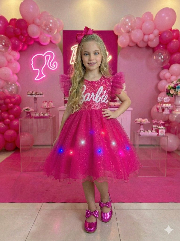 Vestido Ysa Kids Barbie Luxinho Pink Com led