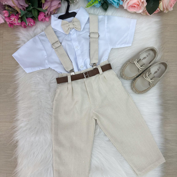 Conjunto Miss Cherry Suspensorio Luiz Linho Bege