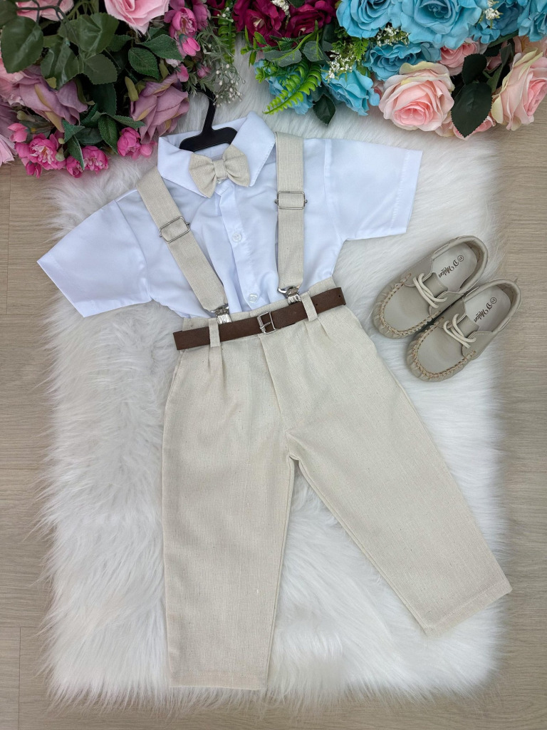 Conjunto Miss Cherry Suspensorio Luiz Linho Bege