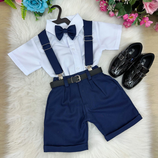 Conjunto Miss Cherry Meninos Social Shorts Ravi Azul Marinho