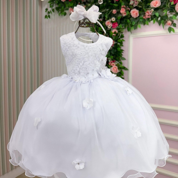 Vestido Vila Lele Bebe Sarah Flores Branco