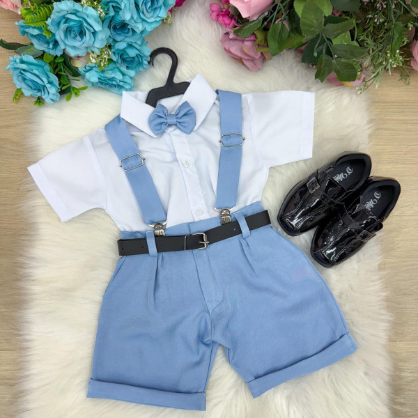 Conjunto Miss Cherry Meninos Social Shorts Ravi Azul Claro