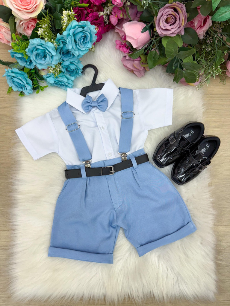 Conjunto Miss Cherry Meninos Social Shorts Ravi Azul Claro