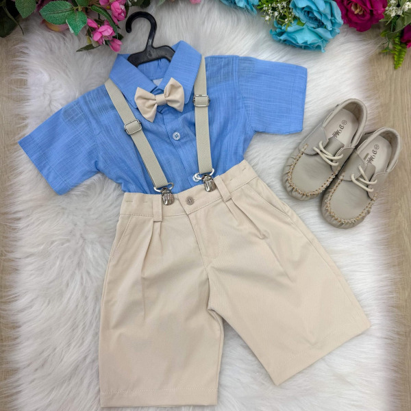 Conjunto Miss Cherry Henry Azul Suspensorio Bege